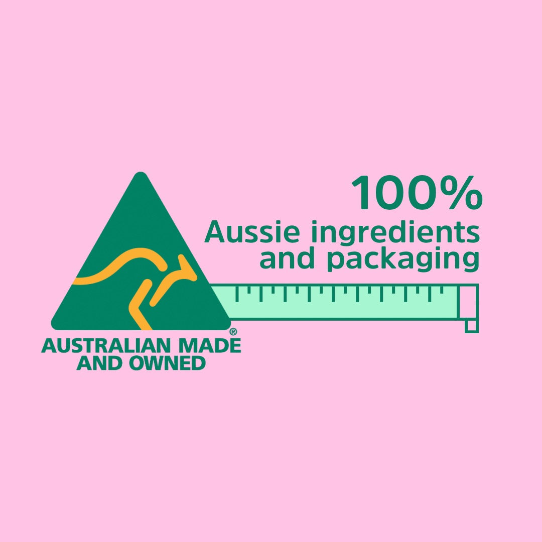 Logo with text '100% Aussie ingredients and packaging' on a pink background