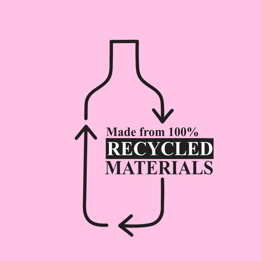 Outline of a bottle with 'Made from 100% Recycled Materials' text on a pink background