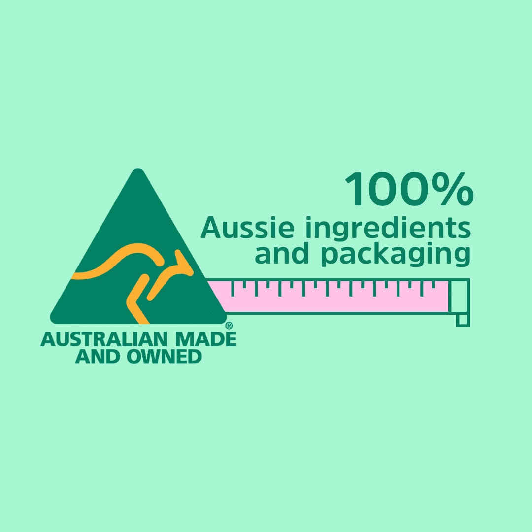 Green logo with text on a light green background, indicating Australian-made products.
