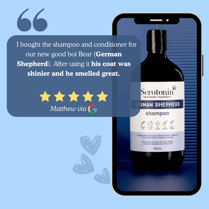 Bottle of Serotonin German Shepherd shampoo on a phone screen with a five-star review.