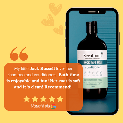 Phone displaying a bottle of 'Serothnin Jack Russell' conditioner with a customer review on a yellow background.