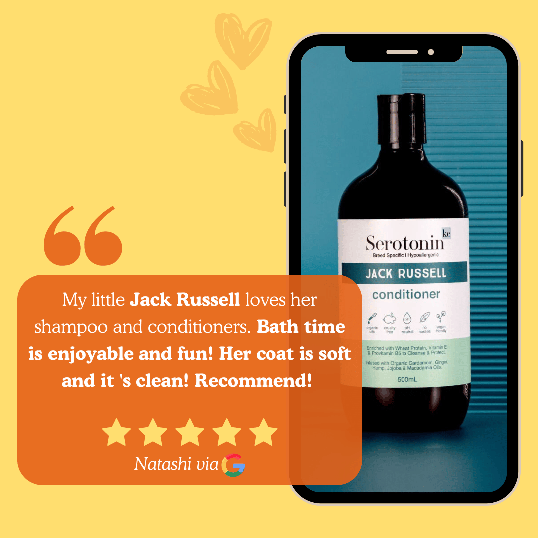 Phone displaying a bottle of 'Serothnin Jack Russell' conditioner with a customer review on a yellow background.