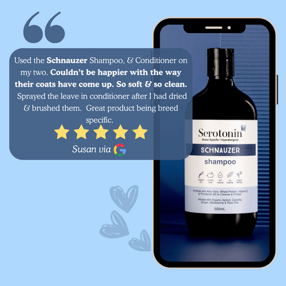 Serotonin Schnauzer shampoo bottle with a five-star review on a blue background
