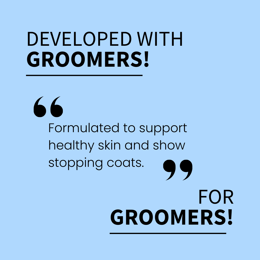 Text on a blue background about grooming products developed for groomers.