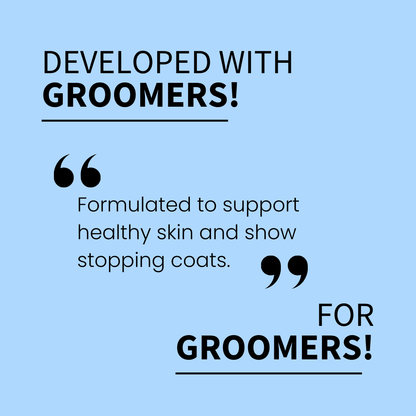 Text on a blue background about grooming products developed for groomers.